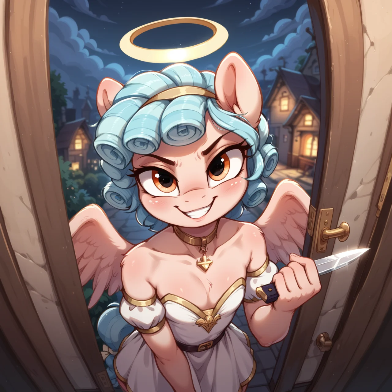 score_9, score_8_up, score_7_up, anthro pony, Cosy Glow, murderous grin, Halloween, holding knife, view from above, pov, close up, angel costume, halo, flat chest, petite, cleavage, angel wings, solo, 25 years old, dark, foyer door frame, porch, holding candy basket
<lora:Aer0Zer0_Artist_Style:.4>, <lora:Realistic_2.5DAnime_Merge1:.7>, <lora:add-detail-xl:.7>, <lora:Expressive_H:.4>, <lora:Welost_Artist_Style:0.4>, <lora:princess_xl_v2:0.8>