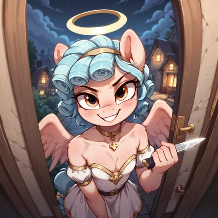 score_9, score_8_up, score_7_up, anthro pony, Cosy Glow, murderous grin, Halloween, holding knife, view from above, pov, close up, angel costume, halo, flat chest, petite, cleavage, angel wings, solo, 25 years old, dark, foyer door frame, porch, holding candy basket
<lora:Aer0Zer0_Artist_Style:.4>, <lora:Realistic_2.5DAnime_Merge1:.7>, <lora:add-detail-xl:.7>, <lora:Expressive_H:.4>, <lora:Welost_Artist_Style:0.4>, <lora:princess_xl_v2:0.8>