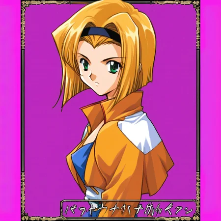 KichikuouRncStyle, purple background, simple background, retro artstyle, upper body,source_anime,cowboy bebop,faye valentine,green eyes, <lora:KichikuouRncPortraitStyle_Pony-000009:0.8>