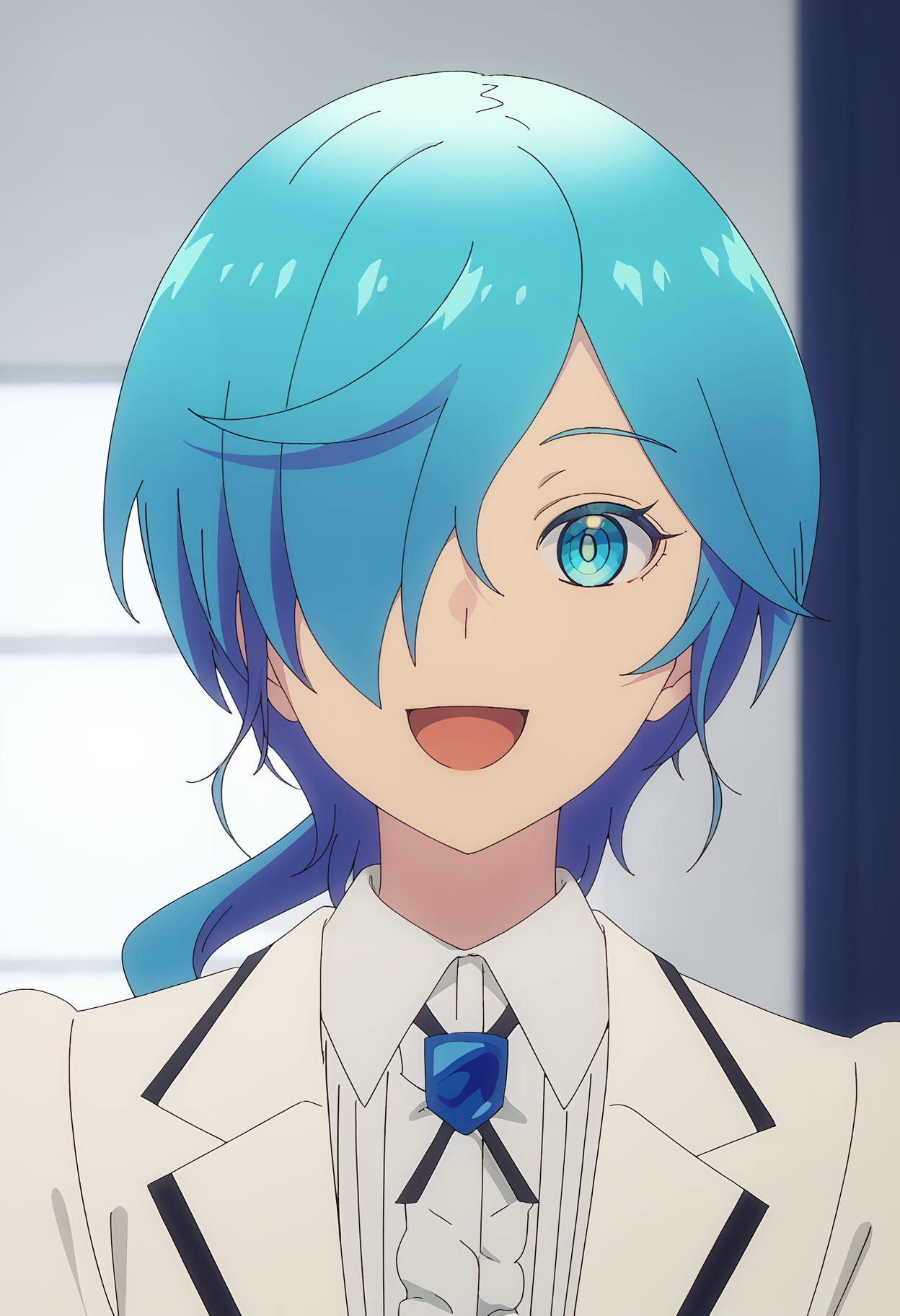 <lora:Isemi_Tina-pony:1>,
Isemi Tina,solo,open mouth,shirt,smile,collared shirt,low ponytail,white shirt,looking at viewer,jacket,white jacket,portrait,:d,ponytail,one eye covered,necktie,1girl,