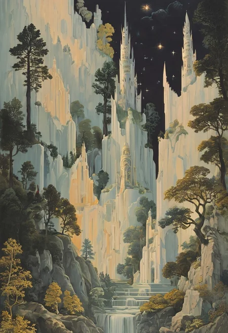 detailxl, easynegative, style of Dorothy Draper, The Lord of the Rings style, BREAK, forest, darkness, night, stars, glowing eyes in the dark