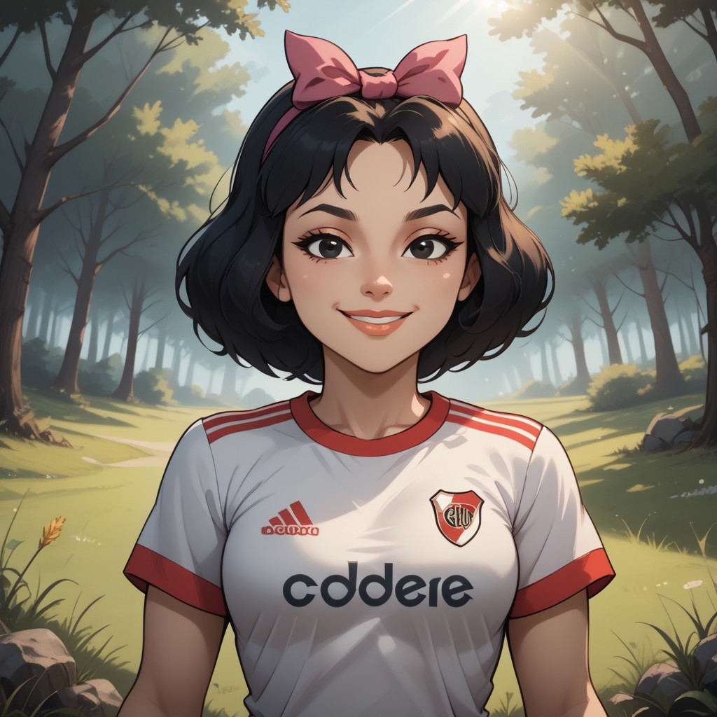 score_9, score_8, BREAK, solo, total drama, 1girl, black hair, white skin, pink hair bow, black eyes, lips, pointy nose, RiverPlate, striped shirt, striped, shirt, white shirt, short sleeves, clothes writing, sportswear, soccer uniform, Ella_(\Total_Drama\), tdpi, cute, sexy pose, self portrait, smile, looking at viewer, outdoors, sunlight, shadows, evening lighting, natural lighting, forest, trees, grass, orange sky, sunset