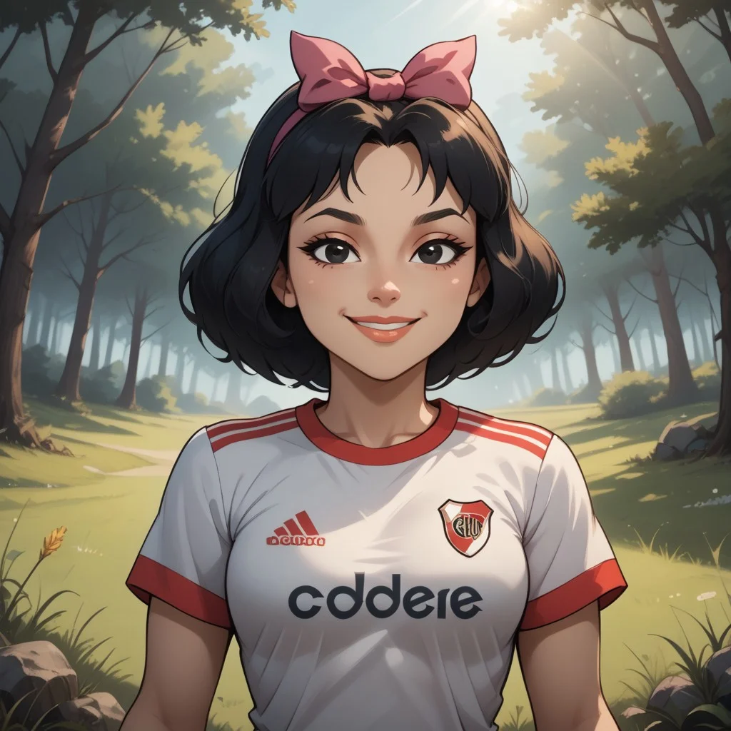 score_9, score_8, BREAK, solo, total drama, 1girl, black hair, white skin, pink hair bow, black eyes, lips, pointy nose, RiverPlate, striped shirt, striped, shirt, white shirt, short sleeves, clothes writing, sportswear, soccer uniform, Ella_(\Total_Drama\), tdpi, cute, sexy pose, self portrait, smile, looking at viewer, outdoors, sunlight, shadows, evening lighting, natural lighting, forest, trees, grass, orange sky, sunset