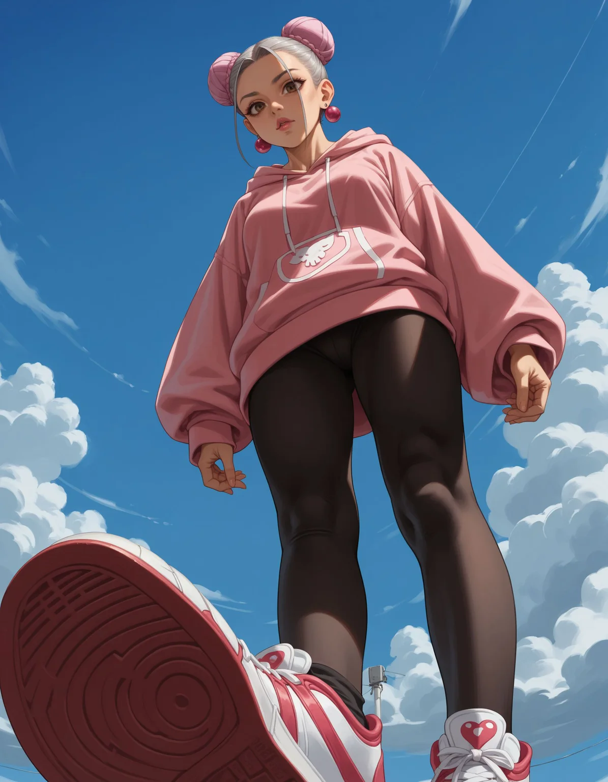 score_9, score_8_up, score_7_up, score_6_up, score_5_up, score_4_up, 1girl, solo, Fleece-lined leggings, oversized hoodie, Goddess, Average Height, Fit, Square Face, Olive Skin, Gray Hair, Brown Eyes, Straight Nose, Pouty Lips, Round Chin, Shoulder-Length Hair, Coarse Hair, Sleek Bun, perky breasts, Cuff earrings, soft pink velvet lipstick, bedroom, background light, hud_v4nspose, sneakers, from below, solo, sky, cloud, foreshortening, perspective, <lora:vans:0.8> ,