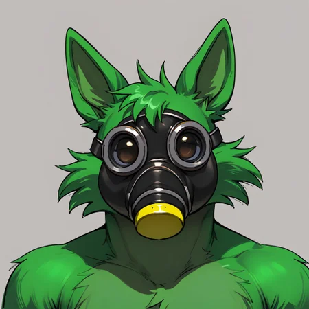 poison foxy, fox, male, anthro, furry, green fur, black gas mask, solo, looking at viewer, portrait, simple background, grey background, masterpiece, ultra detailed, high quality, score_9, score_8_up, score_7_up, score_6_up