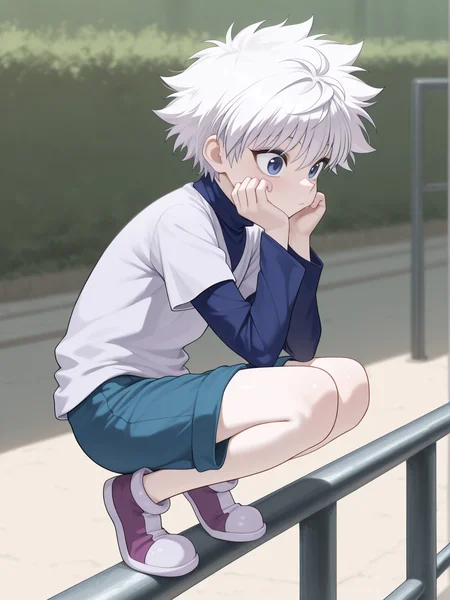 masterpiece, best quality, amazing quality, 1boy, solo, <lora:IlluKillua:1> illukillua, white hair, blue eyes, blue shorts, turtleneck, short over long sleeves, shoes, on railing, perching, squatting,