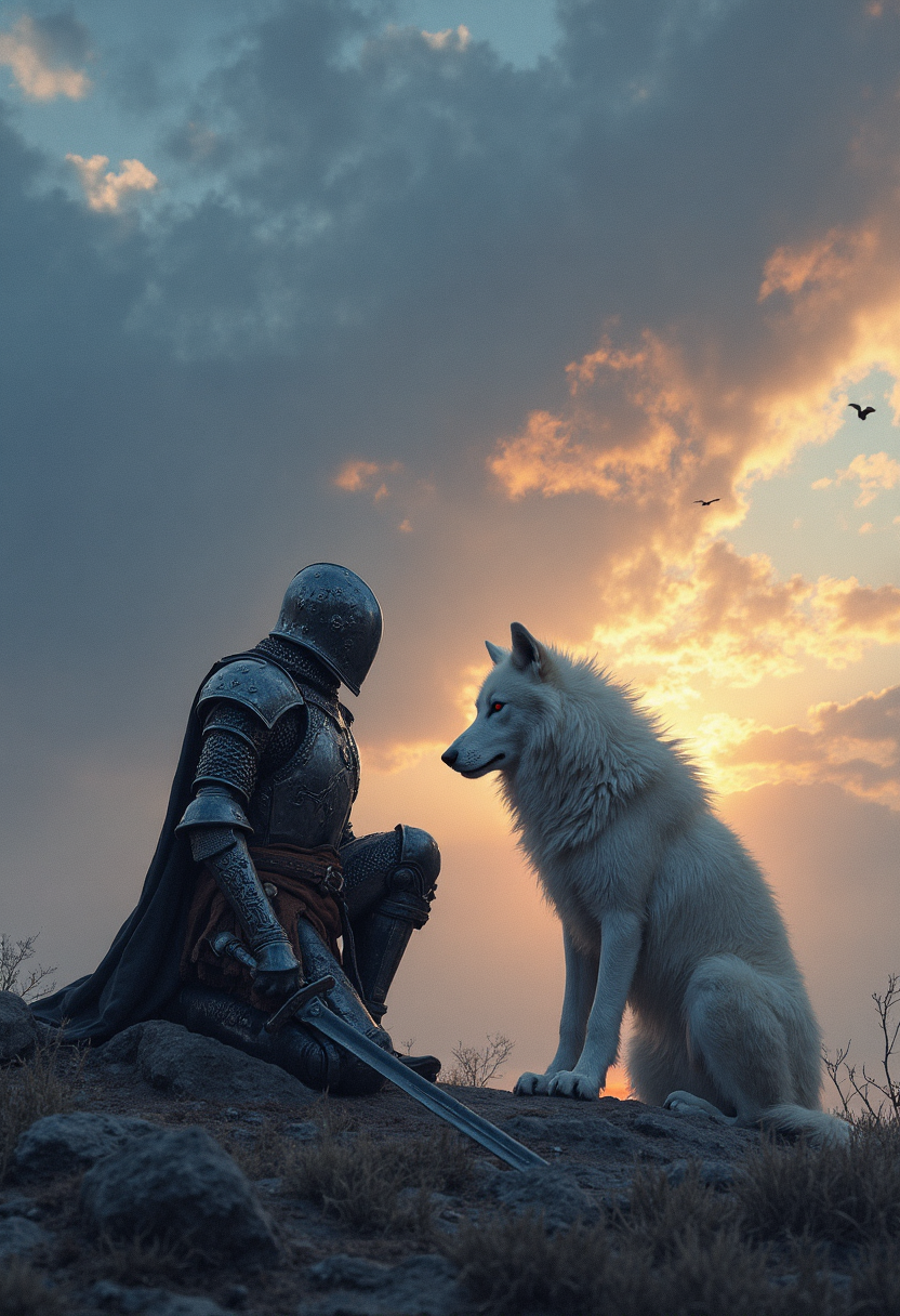 A fantasy scene at sunset. A knight in intricate medieval armor kneels on rugged terrain, with a large, white wolf calmly sitting beside him. The knight's ornate helmet covers his face, and a sword is secured at his side by a leather belt. The wolf, with a thick coat, gazes serenely at the knight. The background features a vast sky filled with dramatic, swirling blue and purple clouds, illuminated by the setting sun's warm glow. Birds in flight add motion and depth. The rocky, uneven terrain has small patches of grass and shrubs. The atmosphere is serene yet powerful, highlighting the bond of trust between the knight and the wolf. Muted colors and detailed textures lend a realistic yet fantastical quality, evoking adventure and companionship