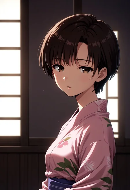(solo:1.0) score_9,score_8_up, newest,beautiful eyes, beautiful hair, beautiful skin, cinematic lighting, aesthetic, rating, sensitive, side view,
,Maya Ibuki, , brown eyes, dark-brown hair, asymmetrical bangs, short hair, undercut hair, skinny, small breast,
yukata, floral printed yukata, pink yukata, flowers, looking at viewer, parted lips, tilt head, looking at viewer, half-closed eyes, , shiny skin,