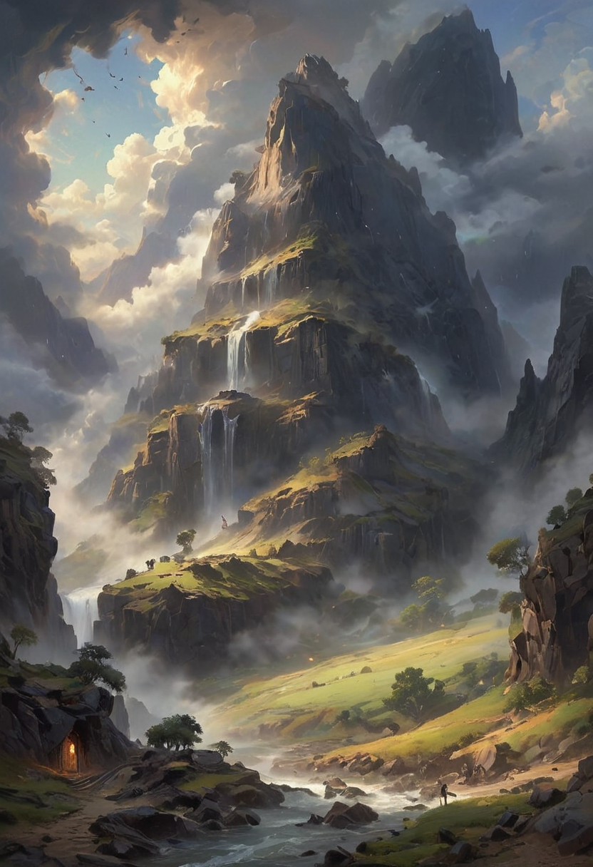 View from a rocky ledge to a massive, weathered ark resting between two high, jagged hills. The scene is shrouded in a thick, ominous fog, with an eerie stillness in the air. The ark, appearing ancient and majestic, looms large against the chaotic swirl of dark clouds above. The sky is filled with ominous, swirling clouds, casting deep shadows over the landscape. Animals of all kinds are faintly visible through the mist, gathering in pairs and moving towards the ark. The overall scene evokes a sense of awe and solemnity, capturing the profound moment of Noah's Ark amid the turbulent surroundings. [romantic impressionism,dream scenery art,beautiful oil matte painting,romantic,style of thomas kinkade,beautiful digital painting,anime landscape,romantic painting,dreamlike digital painting,colorful painting,beautiful gorgeous digital art,style of greg rutkowski,janek sedlar,jenny saville:0] <lora:vivid_everclear:0.6>  <lora:Sinozick:1>