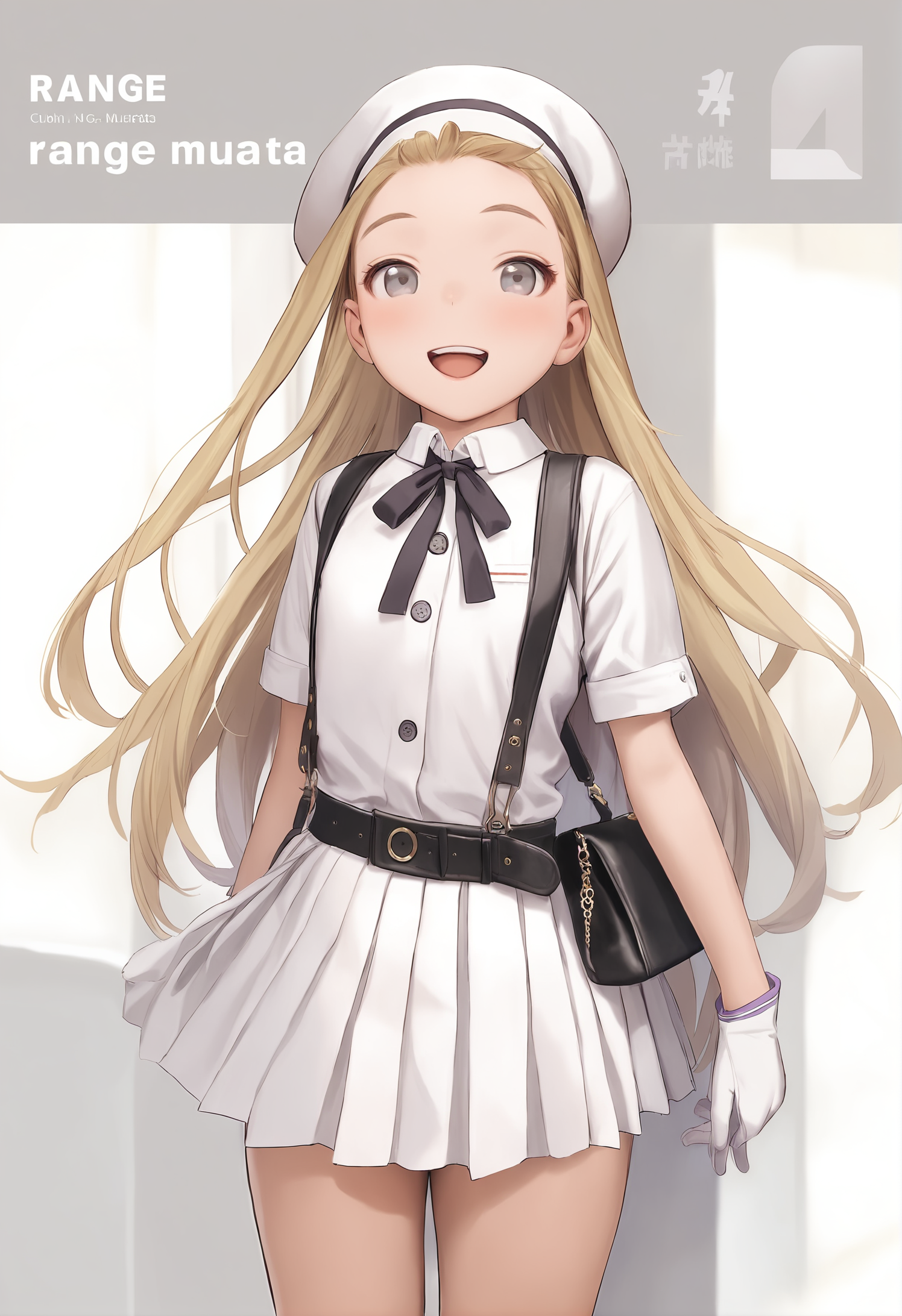 1girl, 
murata range, 
open mouth, buttons, smile, handbag, bag, grey eyes, solo, gloves, beret, skirt, shirt, copyright name, dress shirt, blonde hair, flat chest, neck ribbon, very long hair, ribbon, looking at viewer, white shirt, belt, blush, suspenders, suspender skirt, long hair, pleated skirt, hairband, hat, cowboy shot, character name, white hairband, white skirt, 
masterpiece, best quality, newest,  safe
 <lora:murata_range_image737_2024-03-28_a31:1>