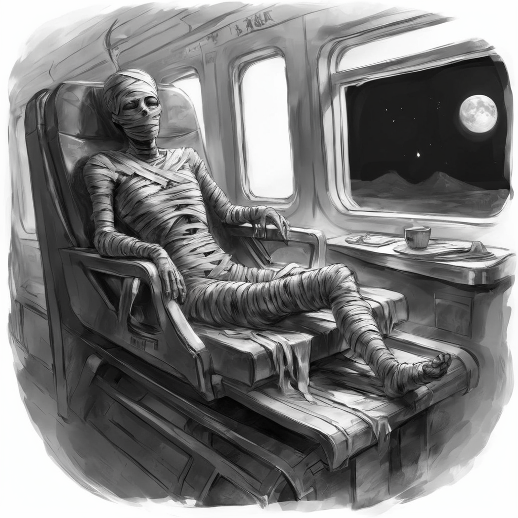 <lora:SDXL_mummy_Sa_May:1> mummy, a desiccated mummy, seat in the train, moon, black and white sketch