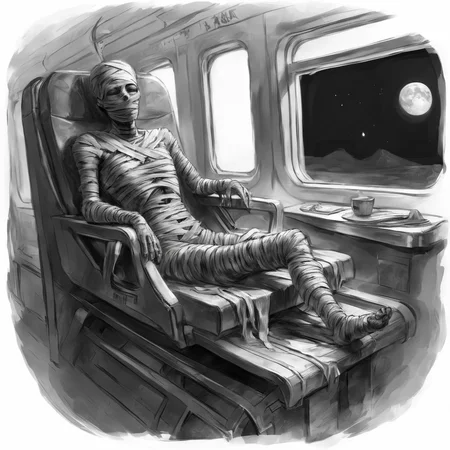 <lora:SDXL_mummy_Sa_May:1> mummy, a desiccated mummy, seat in the train, moon, black and white sketch