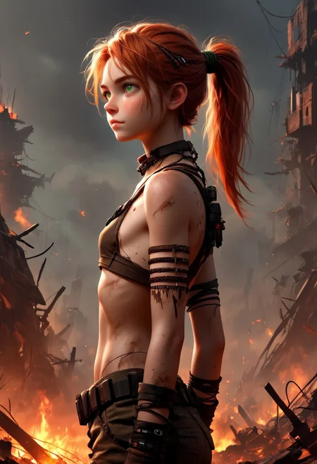 1woman, Masterpiece, 4k, ultra high detail, score_9, score_8_up, score_8, 21yo, small breast size, long red ponytail hair, fcNeg, stunning green eyes, freckles, white skin, small nose, innocent beauty, slim face, skinny body,
Native Tribal clothes, Waterworld_clothes, armed with a thin_long_metal_spear,
Dark sky, burning sky, nighttime, night, burning skyscraper, asteroids in sky,
Sideview, Apocalyptic scene, burning skyscraper, burning city, destroyed cars,
End of the World,
negative_hand, NightScapes,