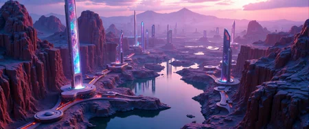Sweeping aerial panorama, high-altitude view of a futuristic urban district interwoven with rugged natural rock canyons. Expansive terrain featuring textured, weathered cliffs juxtaposed with sleek, abstract geometric monuments and reflective urban waterways. Neon luminescence, dazzling digital signage, and delicate water features scattered throughout. Dramatic atmospheric lighting, enriched by cosmic purples, warm ochres, and deep cyans. Intricate textures, hyper-detailed rendering, 8k resolution, cinematic framing, masterpiece quality, advanced digital artistry, evocative color palette, surreal spatial dynamics, expansive composition, breathtaking bird's-eye perspective, visual extravaganza. <lora:bm-goth_epoch_1:0.7> <lora:é»è²å¹»æ³_1.0:0.6> <lora:flux_dev:1>