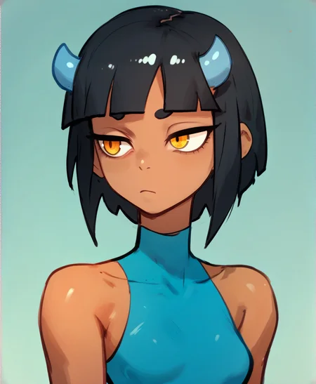score_9_up, score_8_up, score_7_up, solo focus, portrait, headshot, <lora:Expressive_H:.8>, Expressiveh, 1girl, <lora:mephia_XL-04:.8>, mephiacolo, short hair, black hair, blunt bangs, yellow eyes, dark skin, blue horns, small breasts, , tube dress
, <lora:Vikings_Rapscallion_Lora:.85>, Rapscallion Style
