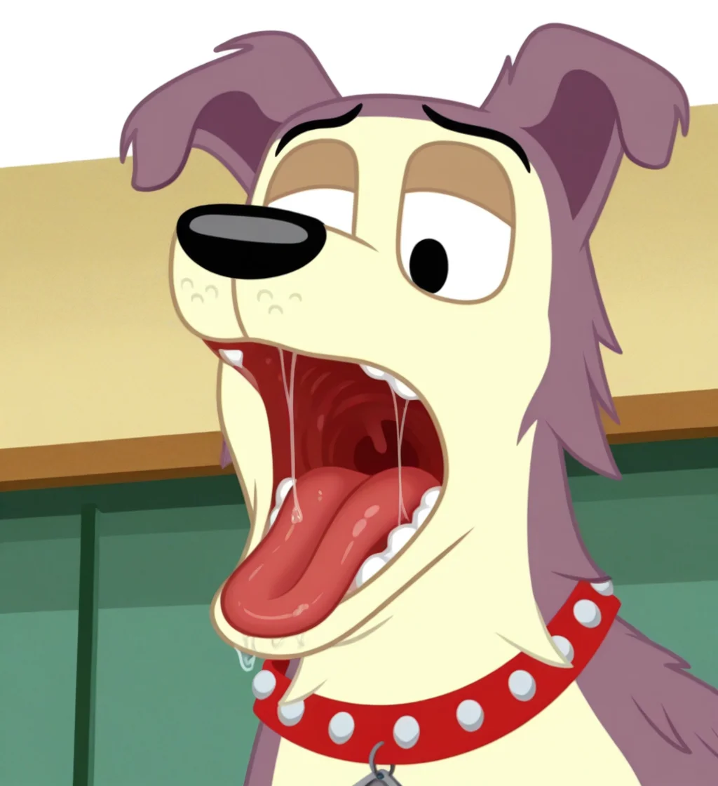 high resolution, best quality, 4k, dutch angle, solo, nsfw, male, front view, face focus, looking down, (maw shot), open mouth, gaping mouth, teeth, saliva, restaurant background, colored outline, <lora:Lucky_-_Pound_Puppies_Modern_IL:0.95> ppluckypp, canid, animal ears, big snout, pale skin, purple fur, two tone fur, collar, black nose, black eyes, floppy ears, eyebrows, toony, collar tag