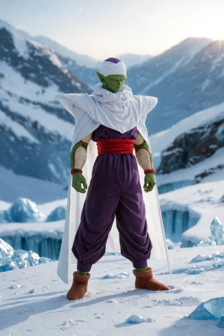 score_9, score_8_up, score_7_up BREAK realistic,piccolo,1boy, green skin, pointy ears, black eyes, yellow patches,white cape, white turban, purple dougi, purple pants, red sash, brown shoes, shoulder pads, outdoors, snow, ice, glacier,dynamic angle, vibrant lighting, high contrast, dramatic shadows, highly detailed, detailed skin, depth of field, film grain,closed mouth <lora:PiccoloPonyV2:1>