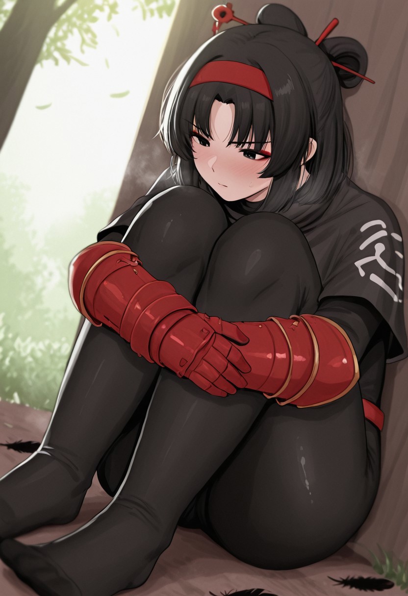 synchron,  outdoors, undershirt, falling feathers, black bodysuit, hair stick, hugging knees, knees to chest, gauntlets, eyeshadow, red gloves, two sides up, black capelet, red hairband, black eyes, 1girl, solo, feet, visible breath, dynamic angle, foreshortening, smell, steam,