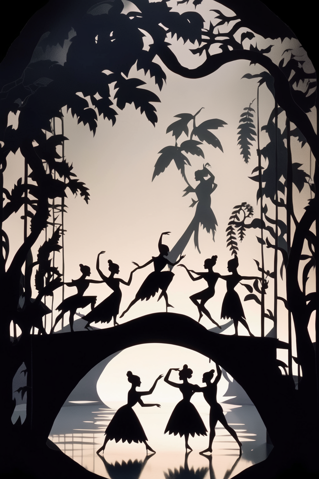 <lora:Lotte Reinige Style:1>Lotte Reinige Style - Peer Gynt Ballet Set created by Lotte Reiniger. The Morning Mood.