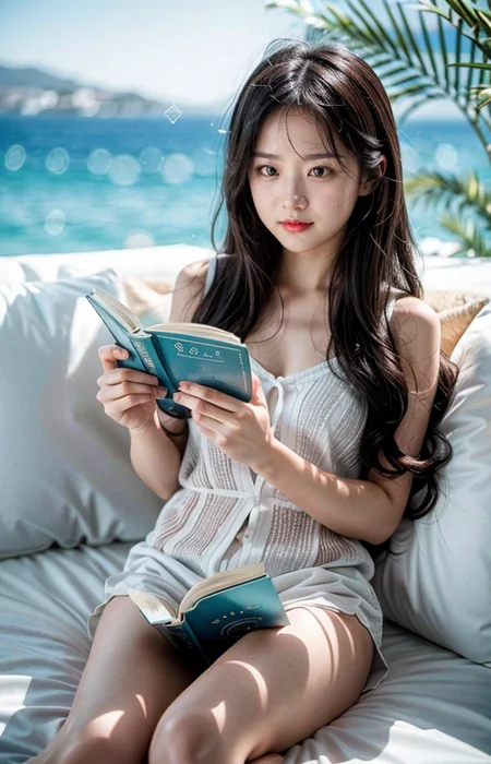 cinematic photo break. white wavy long hair,
A wonderful life, a relaxed atmosphere,Aegean Sea,sunny,a girl in love,reading books,pajama,smile,
<lora:Better_Pose:1> <lora:fluxenhancer:1> <lora:sparklycism:1>, <lora:Tangbohu_real_style_FLUX_type_A:1>, 35mm photograph, film, (bokeh:1.3), professional, 4k, highly detailed