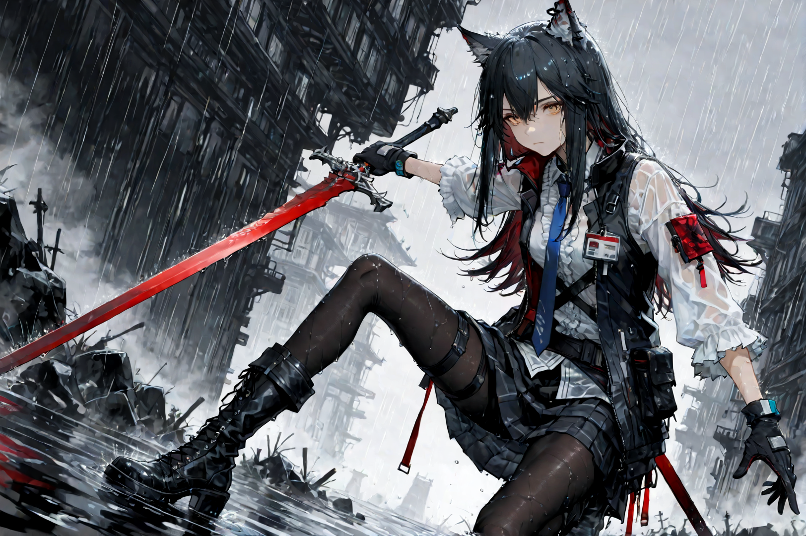 score_9, score_8_up, score_7_up, 1girl, solo, ultra detailed, amazing quality, best quality, texas (arknights), dynamic angle, dynamic pose, very detailed eyes, yellow eyes, long hair, black hair, wolf ears, expressionless, black vest, white frilled shirt, blue necktie, black gloves, black skirt, black pantyhose, black knee boots, holding weapon, red sword, rain, wet clothes, dark background, <lora:add_detail:1> <lora:Expressive_H:1>