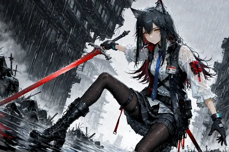 score_9, score_8_up, score_7_up, 1girl, solo, ultra detailed, amazing quality, best quality, texas (arknights), dynamic angle, dynamic pose, very detailed eyes, yellow eyes, long hair, black hair, wolf ears, expressionless, black vest, white frilled shirt, blue necktie, black gloves, black skirt, black pantyhose, black knee boots, holding weapon, red sword, rain, wet clothes, dark background, <lora:add_detail:1> <lora:Expressive_H:1>