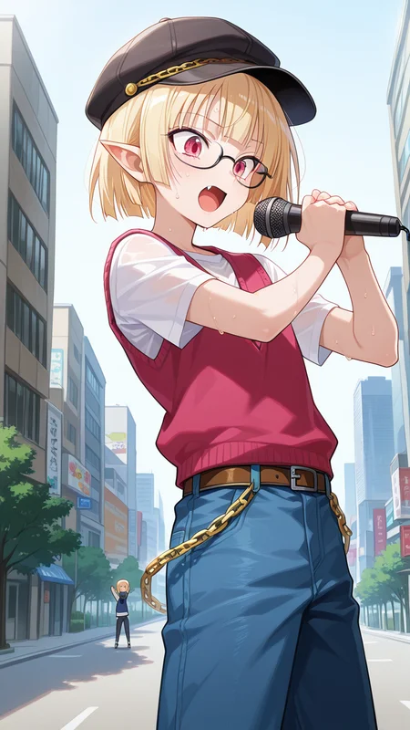 open mouth, vest, outdoors, daylight, modern city, sweat shirt, hat, rap, rapping, holding, holding micro, singing, dynamic pose, black glasses, golden chain,, masterpiece, best quality, amazing quality, very aesthetic, absurdres, newest, anime screencap, <lora:checkpoint-e22_s836:1>, gasper vladi, otoko no ko, blonde hair, pointy ears, red eyes, pink eyes, short hair, blunt bangs, fang,