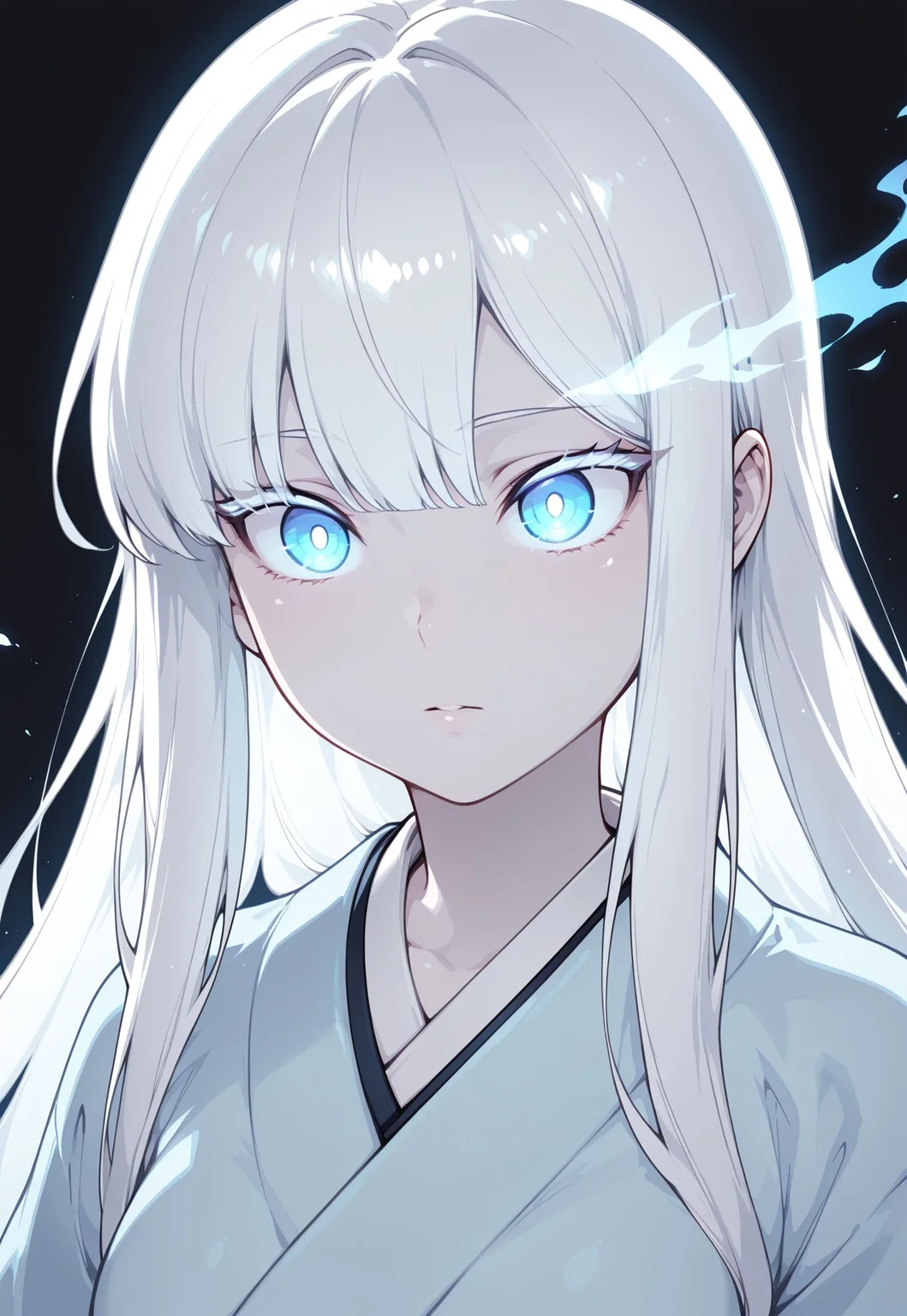 masterpiece,best quality,amazing quality, anime,
1girl, solo, A close-up of a serene anime girl with pale skin, colored skin, (white skin:1.3, long glossy white hair with bangs, long white hair, glowing blue eyes with a hypnotic effect, soft warm lighting, wearing a light blue kimono, mysterious and cozy atmosphere, detailed hair texture, cinematic lighting, dark background, ultra-detailed, 8k resolution