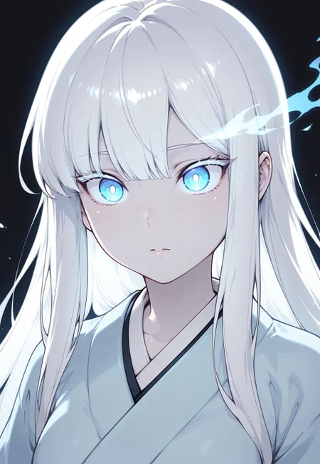 masterpiece,best quality,amazing quality, anime,
1girl, solo, A close-up of a serene anime girl with pale skin, colored skin, (white skin:1.3, long glossy white hair with bangs, long white hair, glowing blue eyes with a hypnotic effect, soft warm lighting, wearing a light blue kimono, mysterious and cozy atmosphere, detailed hair texture, cinematic lighting, dark background, ultra-detailed, 8k resolution