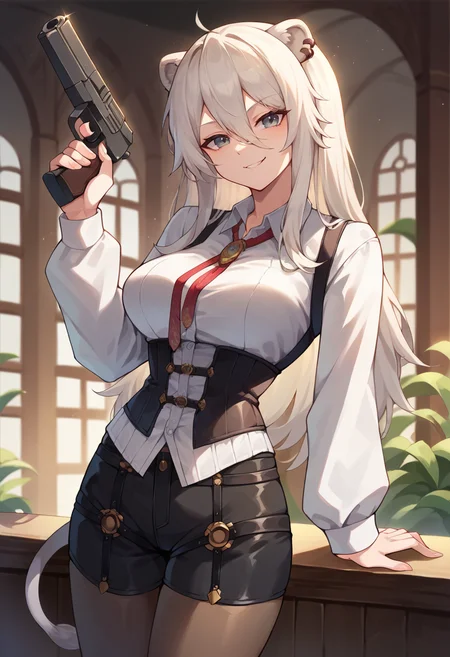 core_9, score_8_up, score_7_up, BotanSuit, long hair, ear piercing, lion tail, collared shirt, corset, longs sleeves, black shorts, pantyhose, holding gun, smirk, indoors, <lora:CHAR-ShishiroBotanPonyXL:1>