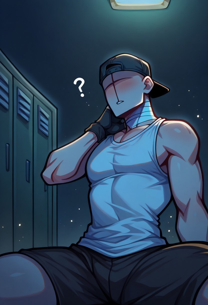 masterpiece, best quality, newest, absurdres, highres, d3im0s, colored skin, grey skin, facial mark, no eyes, no eyebrows, no nose, bald, bandaged neck, 1boy, solo, ?, blushing, parted lips, toned, skinny, sitting, hand on own neck, hand on own thigh, looking to the side, looking away, black gloves, fingerless gloves, black hat, backwards hat, baseball cap, white tank top, black shorts, locker room, dark, night, darkness, shaded face, cowboy shot, from below, ceiling light, blue light, dust particles, dutch angle, motion blur