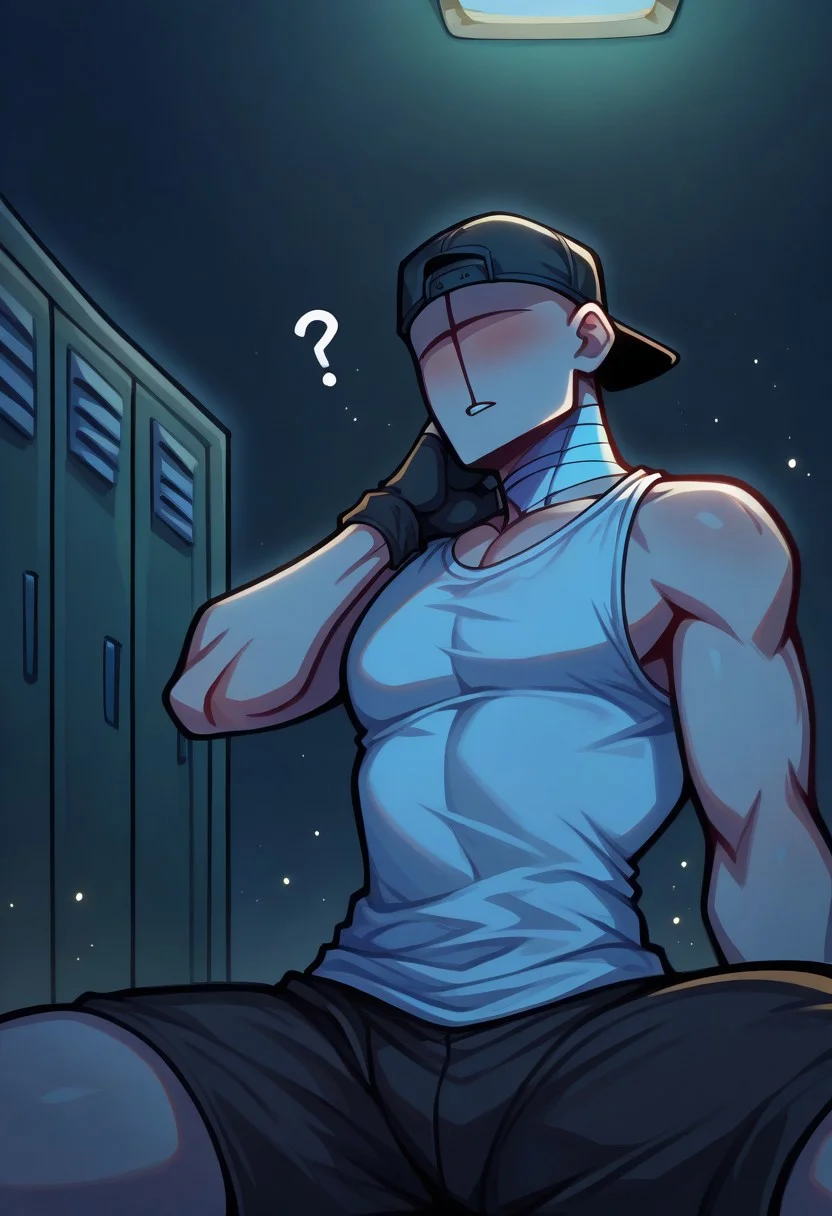 masterpiece, best quality, newest, absurdres, highres, d3im0s, colored skin, grey skin, facial mark, no eyes, no eyebrows, no nose, bald, bandaged neck, 1boy, solo, ?, blushing, parted lips, toned, skinny, sitting, hand on own neck, hand on own thigh, looking to the side, looking away, black gloves, fingerless gloves, black hat, backwards hat, baseball cap, white tank top, black shorts, locker room, dark, night, darkness, shaded face, cowboy shot, from below, ceiling light, blue light, dust particles, dutch angle, motion blur