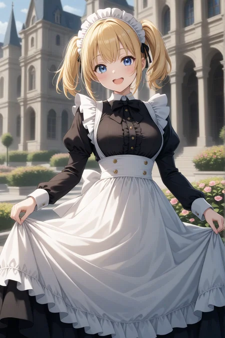 masterpiece best quality, absurdres very aesthetic, general, depth of field,intricate details, thin main lined,
a female high-teens cute maid, petit figure, sexy body, perky big breasts, blonde short twintails hair,ice blue eyes, kindly (shy smile),;D,
(flower blooming castle garden scape),photoreal background,no holding,outdoors,victorian maid costume,maid headdress,
from front view,medium full shot,cinematic angle,close-up snapshot, <lora:detailed_anime_style:0.6>