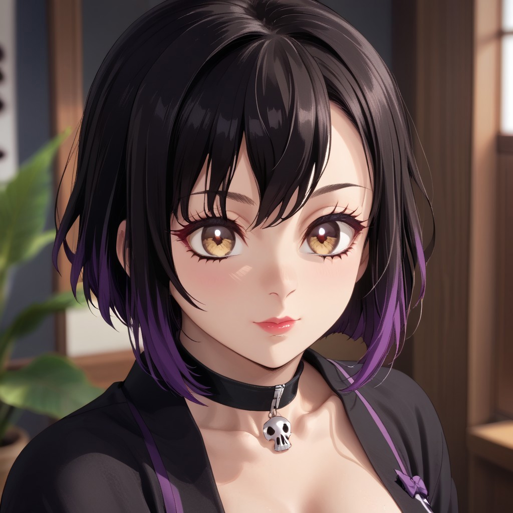 score_9, score_8_up, score_7_up, (1girl),
REPLACEMENT
 (emo girl:1.2), (gothic charm:1.1), (stoic personality),(hazel eyes with golden flecks:1.1) (brown | green | gold:1.2), (almond-shaped eyes), (purple_streaked_hair:1.2), kneepads, ((very_short_hair))
BREAK
 (a-line bob with straight bangs:1.1), (long_sidelocks_framing _face:1.1), (hair cut to nape:1.1), hair_base_color (black:1.2), (petite), (big breasts), (choker), (hourglass_body), ((cover_art))
BREAK
(Black)Kimono), (two-tone_hair), (traditional_attire), 
BREAK
 full_body, skull_accessory, skull_motif, ((full_bangs)),
BREAK
(reference: Koyoharu_Gotouge),(illustration), (original),  thigh_Strap, thigh_highs,
BREAK
(mix of gothic and punk elements), (masterpiece)
BREAK
Expressiveh, detail1eye,
[SKIP]