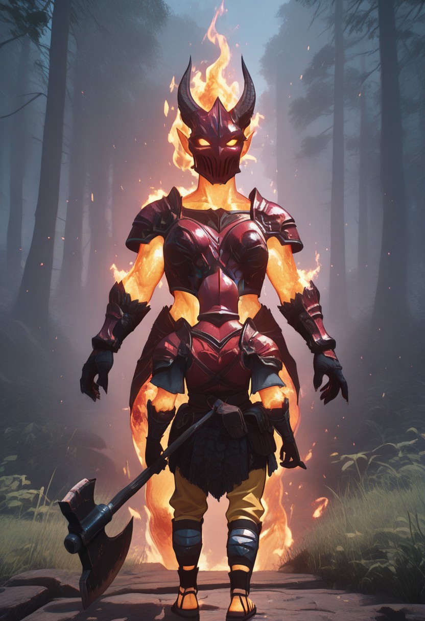1 girl, flame atronach, monster girl, lava skin, pointy ears, fiery hair, glowing orange eyes, 
gloves, mask, horns, chest armor, leg armor, sandals,
BREAK,
1 man, a firefighter red helmet, holding a fire axe, yellow pants, red briches, shirtless, muscular,
bosstyle.
HateIsOn, IllusP0s,
masterpiece, best quality, newest, absurdres, highres, ,amazing quality, (masterwork, masterpiece, best quality, hyper-detailed, 8k uhd::1.4),
IllusP0s, masterpiece,best quality,amazing quality,very aesthetic,high resolution,ultra-detailed,absurdres,newest, masterpiece, best quality, amazing quality, very aesthetic, detailed eyes, perfect eyes, realistic eyes, IllusP0s