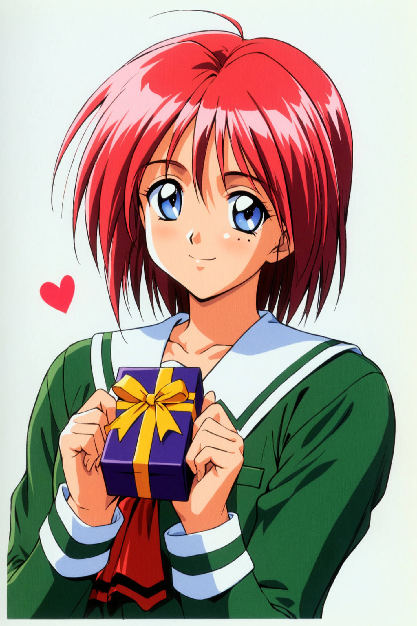 Hinomoto Hikari,1girl,mole under eye,solo,mole,school uniform,green shirt,gift,holding,short hair,blue eyes,red hair,heart,smile,holding gift,simple background,1990s \(style\),gift box,upper body,white background,
<lora:Tokimeki Memorial 2_XL:0.8>,