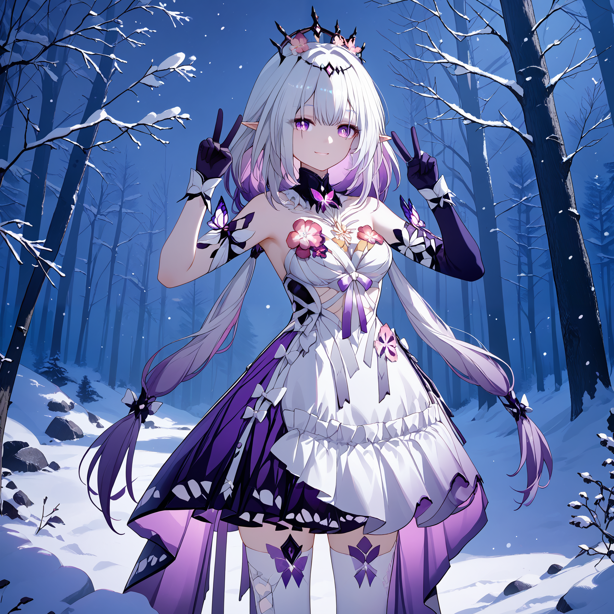 score_9, score_8_up, score_7_up, score_6_up, BREAK source_anime, look at viewer, 1girl, solo, forest, standing, winter, snow, night, smiling, double v,  masterpiece, best quality, high detailed skin,  castorice_(honkai:_star_rail), purple eyes, white hair, multicolored hair, colored inner hair, low twintails, pointy ears, crown, two-tone dress, layered dress, elbow gloves, white thighhighs,