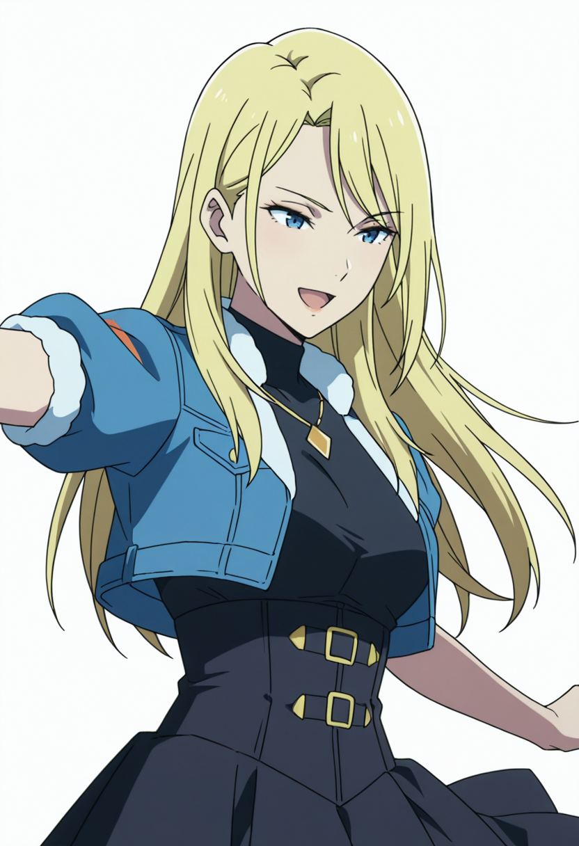 Smooth Quality,masterpiece,very intricate, high quality details, ultra realistic, high detailed skin,detailed enviorement,absurdres,anime screencap, 
simple background, white background, dancing, 
 <lora:Moonbeams_Manager_CNR:0.7> moonbear_cnr, 1girl,blonde hair, long hair, blue eyes,, disappointed,, :d,, crop jacket,  ,compression shirt,  ,high-waist skirt,  ,