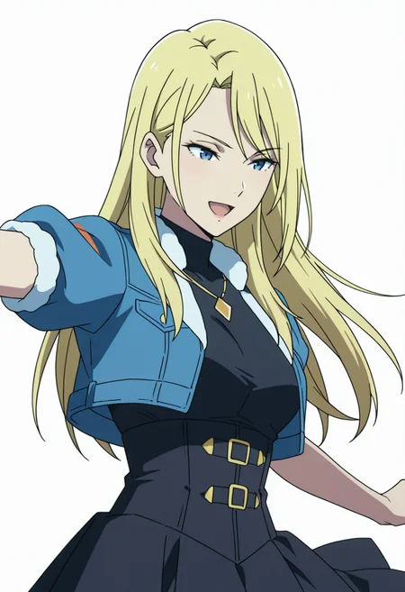 Smooth Quality,masterpiece,very intricate, high quality details, ultra realistic, high detailed skin,detailed enviorement,absurdres,anime screencap, 
simple background, white background, dancing, 
 <lora:Moonbeams_Manager_CNR:0.7> moonbear_cnr, 1girl,blonde hair, long hair, blue eyes,, disappointed,, :d,, crop jacket,  ,compression shirt,  ,high-waist skirt,  ,