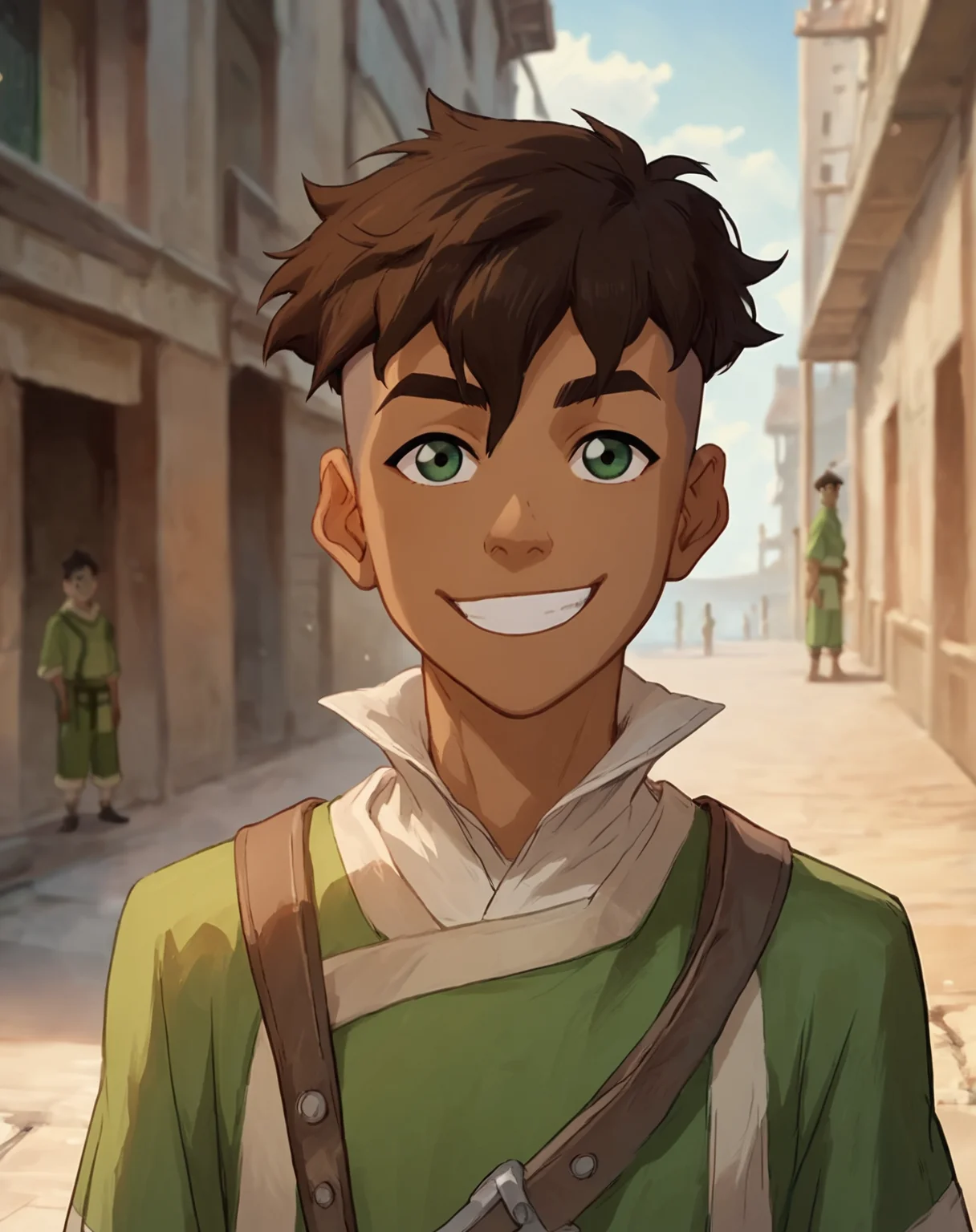 score_9,score_8_up,score_7_up, <lora:Kai:0.8>, 1boy, Kai, brown hair, undercut, green eyes, dark skin, earth kingdom clothing, smile, looking at viewer, outdoors, upper body, official art, official style,