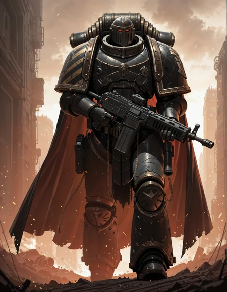 masterpiece, best quality,high quality, newest, highres,8K,HDR,absurdres, IronW40k, 1boy, solo, power armor, holding a machine gun, caliber ammo chain, helmet, cape on his back <lora:ILLIronW40k:1>