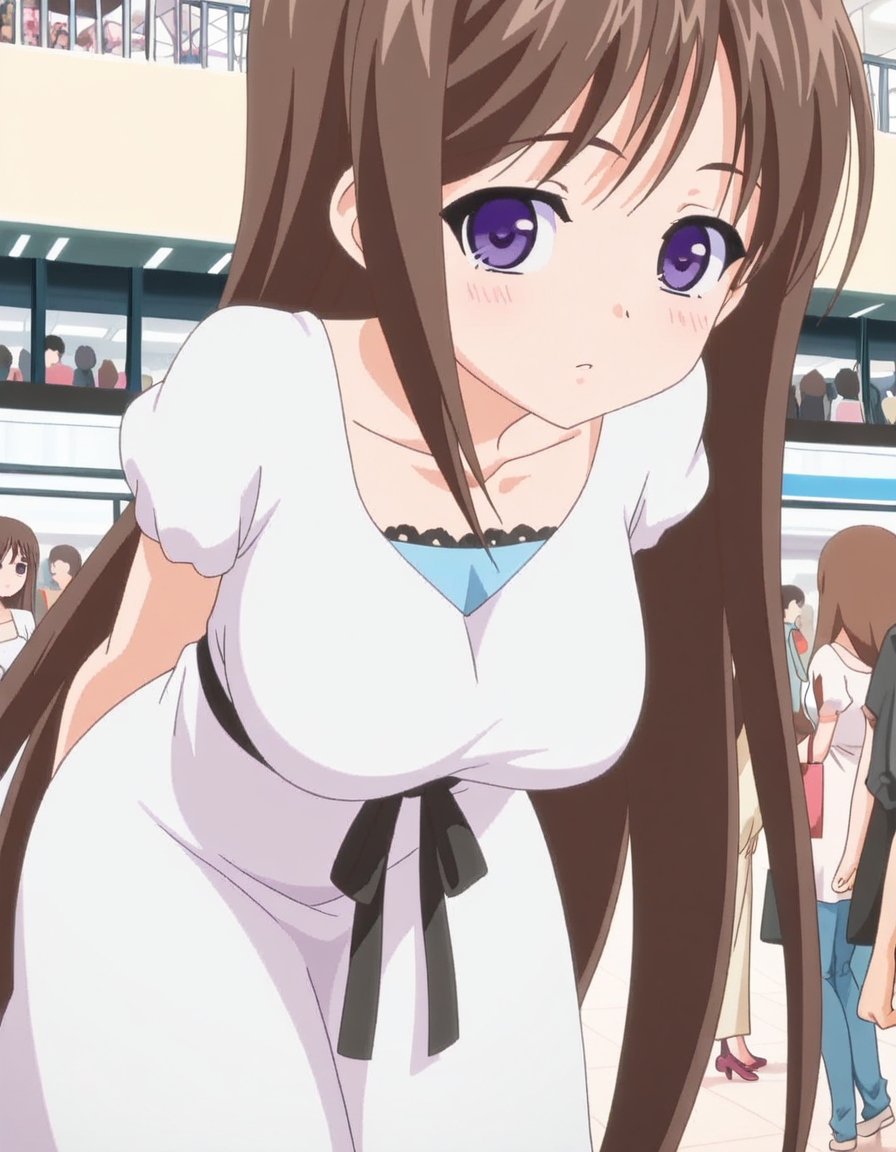 masterpiece, best quality, amazing quality,, <lora:marina-akizuki-ova-illustriousxl-lora-nochekaiser:1>, marina akizuki, long hair, brown hair, purple eyes, mature female, breasts, anime screencap, dress, ribbon, collarbone, short sleeves, white dress,, hands behind back, bent over,, mall, shops, people, shopping, big, cowboy shot, solo, looking at viewer