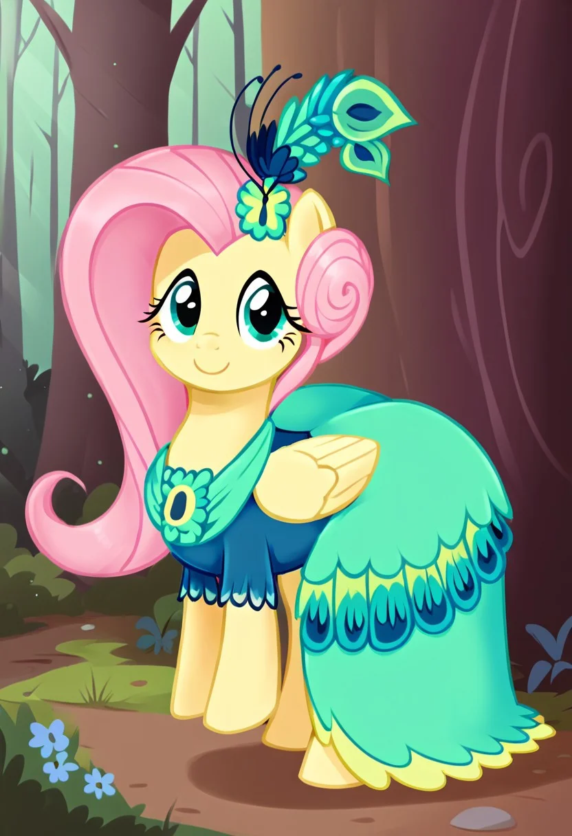 score_9, score_8_up, score_7_up, score_6_up, score_5_up, score_4_up, rating suggestive,my little pony, ((feral pony)), 1girl, ((solo)), (sexy),beautifully detailed, (detailed cute pony face), ((detailed forest background:1.5)), ((woman)), high angle, (cute smile:1.0), ((up-close)) 1girl, ((solo)), (sexy,huge butt,hyper hips), full body, walking in the forest <lora:Fluttershy_second_Gala:1>Fluttershy, a beautiful dress resembling peacock feathers in green and turquoise tones, a head decoration with feathers and an additional flower