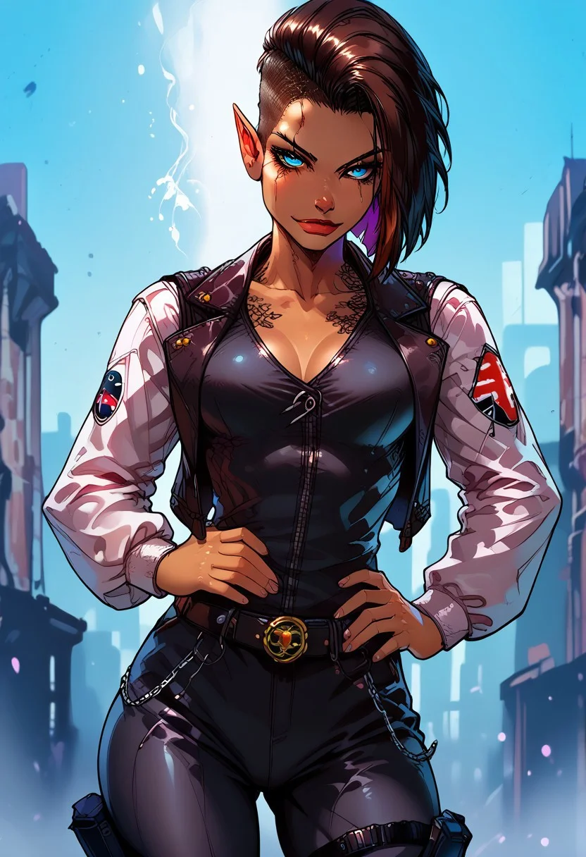 score_9, score_8_up, score_7_up, score_6_up, score_5_up, masterpiece, perfect face, perfect hands,perfect eyes, high quality,
side stance tough pose, (1Big scar over one eye and eyebrow down to cheek:2,0), evil look in the eyes,standing, looking at viever,
athletic build, 1dark elf girl, black brown skin color, long side cut,(long elf ears:3,5), short spiky hair, hair color mix white and copper red, breasts, (1sleeve Tattoo deathsmoke: 0,8) ice blue eyes, one hand on hip, (facial scars:3,0),
cargo pants, white V cut t-shirt, (leather vest:3,0), army boots,
tactical glowes, utility belt, bandolier, (visable cybernetics on the side of the head:4,0), (half the head is coverd in metal on the head:3,0),
smirk, cheerful, 1 silver tooth,
cybernetics only on head,
cyberpunk,
BREAK
urban sci-fi, light rays, windows, city ruins, city ruins, warzone, street, , (burning building:2,0),
ais-rmr,easynegative,