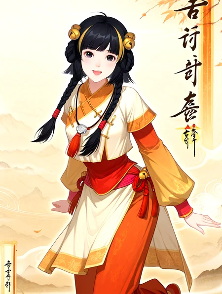 best quality,masterpiece,anime screencap,
1girl,solo,
cowboy_shot,looking at viewer,
smiling,blush,open mouth,
Ink wash painting backrgound,steam,wind lift,
<lora:IL-XIANGLIAN-10:1>,il-xianglian-gujian,chinese clothes,black eyes,braid,hair ornament,jingle bell,twin braids,bell,jewelry,hair bell,long sleeves,necklace,yellow streaked hair infront both sides,pants,shoes,