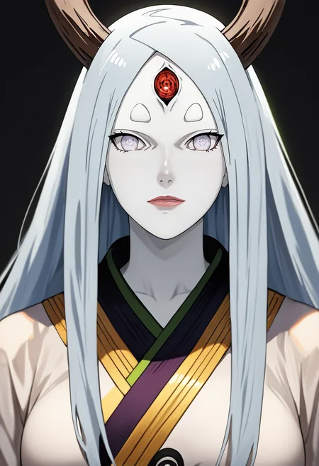 source_anime, (masterpiece), (best quality), score_9, score_8_up, score_7_up, (masterpiece:1.2), (best quality:1.3), 1girl <lora:Kaguya_Otsutsuki_Naruto:0.8> kaguya_otsk, long hair, looking at viewer, third eye, horns, japanese clothes, pale skin, simple background, portrait, masterful composition, dynamic movement, low-key lighting, lo-fi, glow, dynamic cinematic lighting, ray_tracing, global illumination <lora:Anime Style (Vauxz) PONY:0.8>