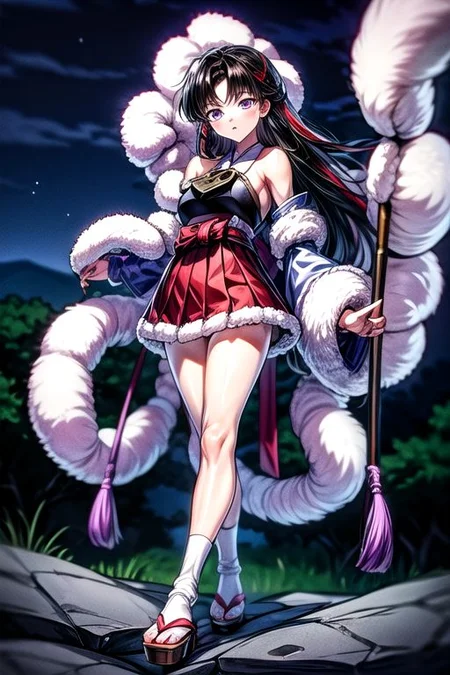 masterpiece, best quality 1girl Setsun4 solo long hair, (night time) forest background black hair very long hair purple eyes multicolored hair armor (fur trim) (medium body),<lora:EMS-179-EMS:0.800000>,<lora:EMS-293862-EMS:0.800000>ascot, bare shoulders, black footwear, detached sleeves, embellished costume, frills, japanese clothes, nontraditional miko, red skirt, sandals, sarashi, skirt, socks, armor, miko