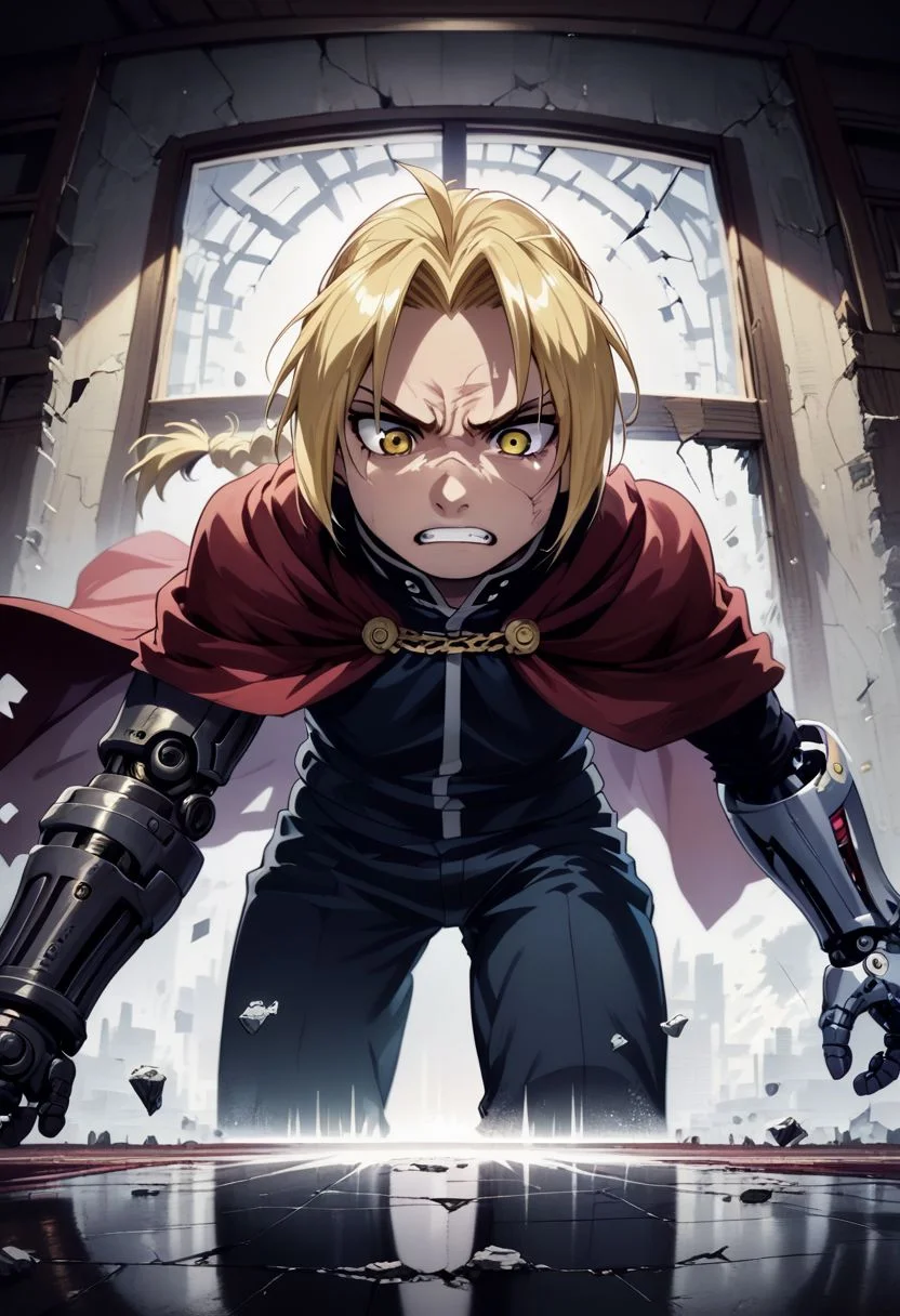 score_9, score_8, score_7, score_6,rating_safe, source_anime,edward_elric, blonde hair, yellow eyes, braid, single braid, braided ponytail, ((red cape)),(single mechanical arm),grit teeth,leaning forward,(Striking in succession),(broken window,glass pieces on air in foreground,glass fragments on air in foreground,broken window,glass fragment in foreground),speed line,motion blur,emphasis lines,(ashes,powder ,:1.2),(perspective,front view,wide angle:1.2),(intricate_details_xl:1.5),(in front of window),IncrsXLBrknGls,broken glass, reflection,light particles,gold chains,gold chains X-crosses on body,turn gold color to black,