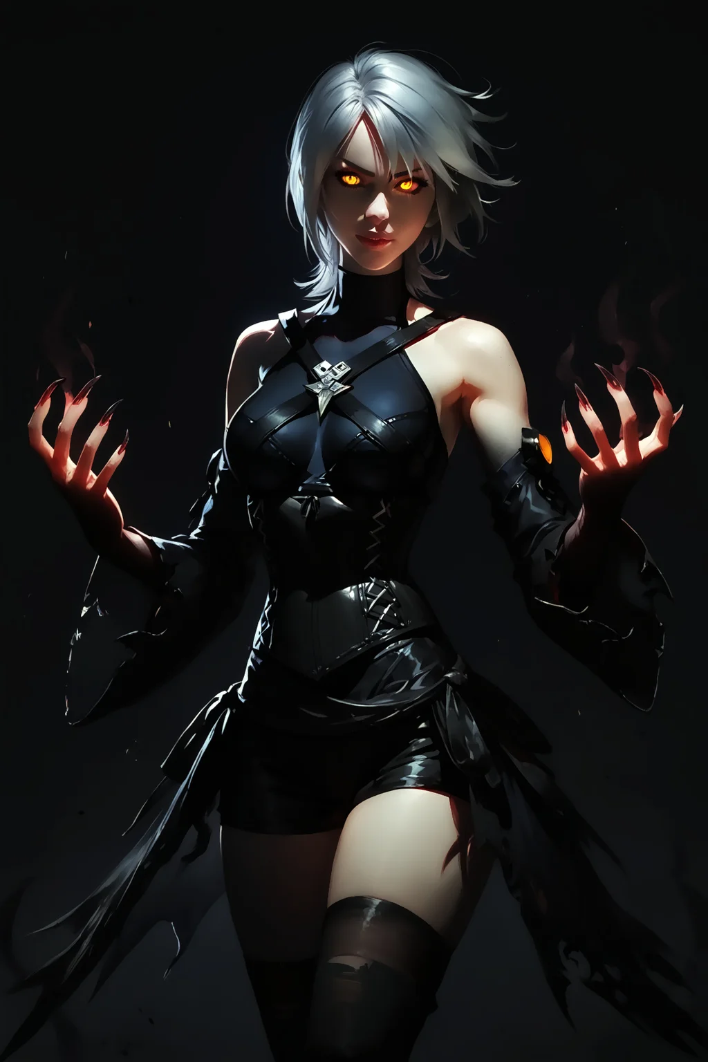 masterpiece, 32k, best quality, highly detailed, perfect hands, realistic, score_9, score_8_up, score_7_up, score_6_up, solo, imtdantiaqua, 1girl, colored forearm, black demonic hands, demonic hands , black hands, claws, red fingers, short hair, bare shoulders, yellow eyes, grey hair, black hands, detached sleeves, black thighhighs, medium breast, black aura, corset, dress, shorts, black shorts, dark background,concept art,dark theme