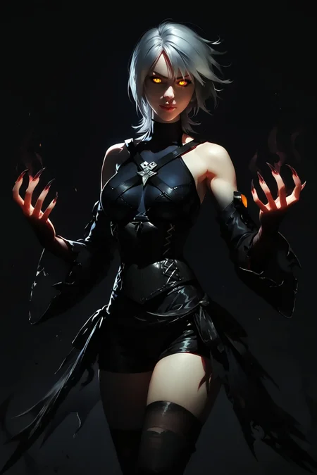 masterpiece, 32k, best quality, highly detailed, perfect hands, realistic, score_9, score_8_up, score_7_up, score_6_up, solo, imtdantiaqua, 1girl, colored forearm, black demonic hands, demonic hands , black hands, claws, red fingers, short hair, bare shoulders, yellow eyes, grey hair, black hands, detached sleeves, black thighhighs, medium breast, black aura, corset, dress, shorts, black shorts, dark background,concept art,dark theme
